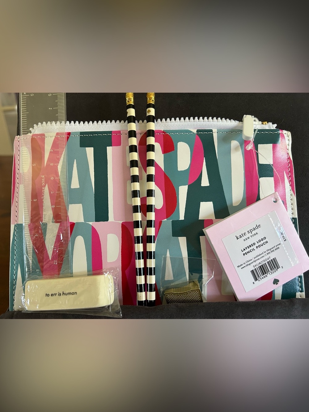 Kate Spade Multicolor Layered Logo Pencil Pouch - Teal, Pink, Red, White
